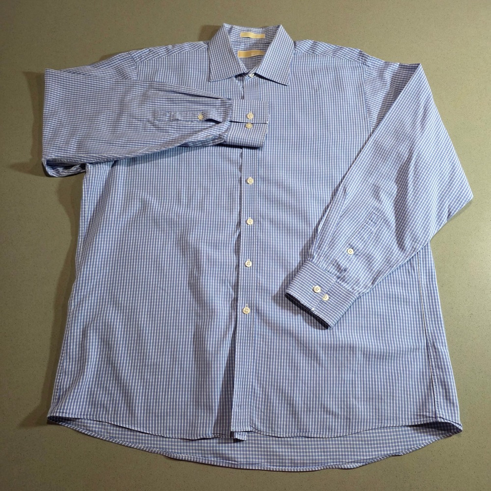 Michael Kors Mens Blue White Gingham Cotton Button Down Shirt XL 17 34/35